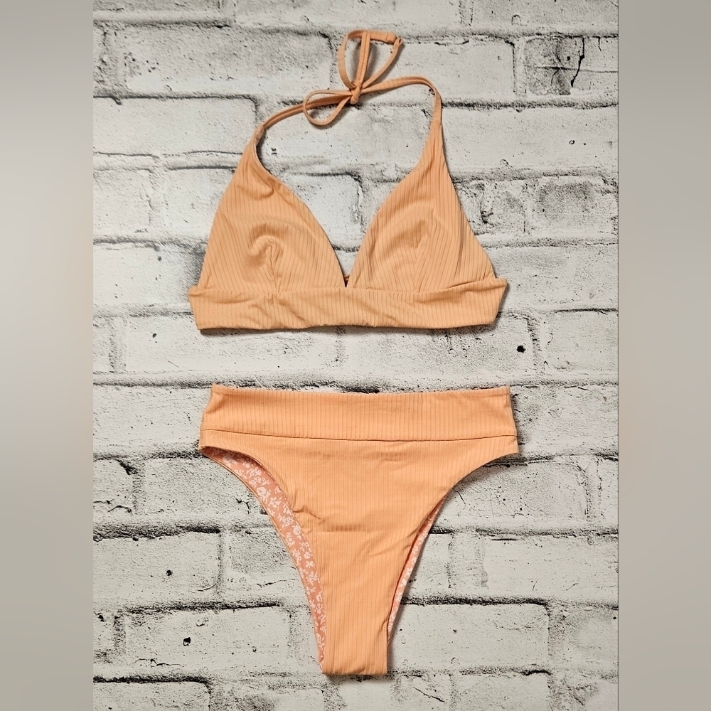 Gilly Hicks Reversible Ribbed Bikini Set Peach Floral Swimwear Small